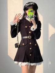 LIZAKOSHT - French Fashion Mini Dress Women Small Fragrance Long Sleeve Button Patchwork Suit Dresses Sweet Belt Slim O Neck Chic Vestidos