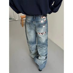 LIZAKOSHT - Women's Gothic Y2k Blue Jeans Vintage Hiphop Grunge American Splicing Jeans Pants Baggy Boyfriend Wide Leg Denim Pants