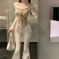LIZAKOSHT  -  Autumn Winter T-Shirt Top Ins Pure Lust Style New Hot Girl Strap Short Style Slimming Design Tight Long Sleeves