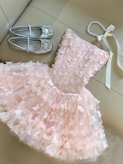 LIZAKOSHT - Women Strapless Pink Dress Summer Sweet Butterfly Mesh Mini Dress Slim Elegant Fairy Style Layered Ruffle Skirt Princess Outfits