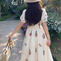 LIZAKOSHT - Franch Romantic Floral Print V-neck Midi Dress Women Summer Puff Sleeve High Waist Holiday Beach Dress Female Prairie Chic Dress