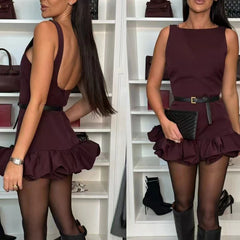 LIZAKOSHT - Simple Solid Color Hollow Out Backless Club Jumpsuits Fashion Sleeveless Shorts Playsuits Women O-neck Slim Ruffle Romper