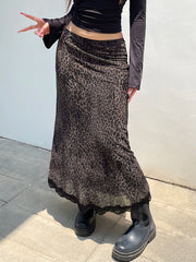 LIZAKOSHT - Casual Leopard Lace Trim Skirts Vintage Mid-Waisted Straight Skirts Women Autumn Sppring Fashion Streetwear Ladies