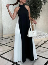 LIZAKOSHT - Korean Fashion Black White Color High Neck A-line Dress Women Summer Sleeveless Elegant Party Evening Dresses New