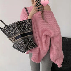 LIZAKOSHT  -  Fall Winter New French Lazy Style Rolled Edge Thick Needle Pullover Sweater Design Loose Knit Sweater Tops Female Jumpers