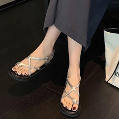 LIZAKOSHT - Crossed-tied Flats Sandals For Women Buckle Strap Round Toe Solid Color Female Shoes Stylish Runway Narrow Band Designer Shoes