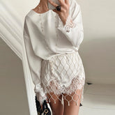 LIZAKOSHT - Ivory Satin Lace Trim Mini Dress Long Sleeve Buttoned Cuffs Spring Romantic Women Satin Skirt Fashion Sweet Lady Vestido