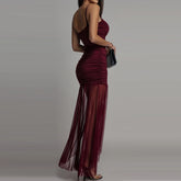 LIZAKOSHT - Perspective sleeveless high street style dress with high waist suspender mesh pleated sexy dress summer new evening dress