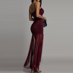 LIZAKOSHT - Perspective sleeveless high street style dress with high waist suspender mesh pleated sexy dress summer new evening dress
