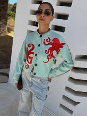 LIZAKOSHT - O-Neck Single Breasted Octopus Cardigan Woman Long Sleeve Loose Stitch Short Knit Jackets Casual Versatile Women's New Cardigans