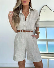 LIZAKOSHT  Solid Tow-piece Set 2024 New Spring Summer Pocket Long Sleeve Blouse+short Pants Sets With Belted Casual Fashion Women's Suits