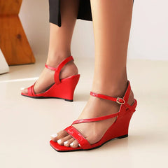 LIZAKOSHT - Large Size Low Sandals Woman Leather Open Toe Buckle Strap Suit Female Beige Shoes Lady 2024 Summer Heels Clogs Wedge Big Low-he