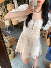 LIZAKOSHT  -   Summer French Vintage Dress Women Elegant Hollow Out Mini Dress Solid Lace Puff Sleeve One Piece Dress Korean Beach Style