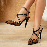 LIZAKOSHT  -  Rivet Ankle Strap High Heels Woman Leopard Sexy Slingbacks Shoes Pointed Toe Party Prom Shoes 2025 Fashion Pumps Women Sandals