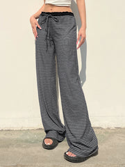 LIZAKOSHT - Casual Loose Stripped Wide Leg Pants Basic Mid-Waisted Straight Pants Women Autumn Spring Fashion Streetwear Ladies