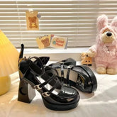 LIZAKOSHT - Mary Janes Vintage Black Sandals Woman Buckle Non-Slip Casual Medium Heels Office Ladies Solid Elegant Hollow Out Heels