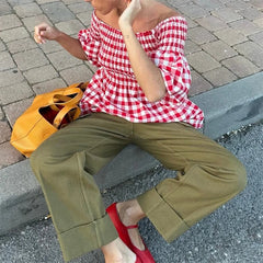 LIZAKOSHT - Peplum Blouse 2024 Summer Clothes Red Plaid Print Half Puff Off Shoulder Ruched Shirt y2k Aesthetic Clothing Streetwear