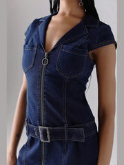 LIZAKOSHT  -  Fashion Denim Short Dress For Women Turn-down Collar Sleeveless Zipper Belt Vestidos 2025 Summer Elegant Female Casual Dresses