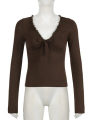 LIZAKOSHT - Vintage V-neck Lace-up T-shirts for Women Fashion Slim Long Sleeve Tees All-match Autumn Harajuku Casual Tops Coquette