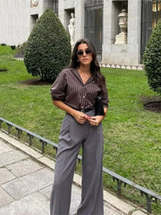 LIZAKOSHT - Striped Shirt Women Casual Loose Single Breasted Turn-down Collar Blouse 2025 New Summer Office Lady Simple Long Sleeve Shirts