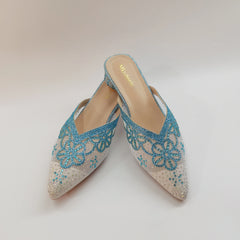 LIZAKOSHT - Italian Ladies Soft Sandals Pretty Blue Embroidered Mesh Mules for All Occasions Women's Comfortable Shoes Hot Selling Style