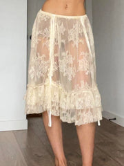 LIZAKOSHT - Boho Ruffle Hem Drawstring Sheer Lace Skirt Women Fairycore Tiered Layer Midi Skirt for Daily Holiday Vacation Summer