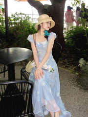 LIZAKOSHT - Summer Fairy Puff Sleeve Slash Neck Blue Dress Women Elegant 3D Flower Decoration Chiffon High Waist Slim Princess Dresses