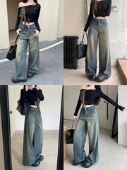 LIZAKOSHT  -  Women y2k Vintage Baggy Wide Leg Jeans 90s Streetwear Fashionable Denim Distressed Pants for 2000‘s Grunge Retro Clothes