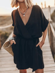 LIZAKOSHT - Cotton Linen V-Neck Loungewear Mini Dress, Women Summer Short Sleeve Solid Patchwork Party Dress, Lace-Up Elegant Ladies Dress