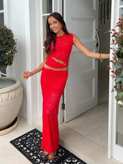 LIZAKOSHT - Sexy Hallow Out Vest Skirt Set Women Red Sleeveless O-neck Top Long Slim Hip Package Skirts 2025 Summer See Through Suit Lady
