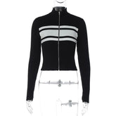 LIZAKOSHT - Casual Slim Contrast Knit Cardigan Women Chic Full Sleeve Stand Collar Zipper Short Sweaters Female 2026 Spring Lady Outwears