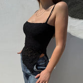 LIZAKOSHT - Lace See Through Sexy Split Fashion Solid Spaghetti Strap Tops Y2K Summer Sweet Cute Daily Streetwear All-match Camis