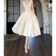 LIZAKOSHT - Summer Champagne Bow A Line Dress Women Elegant Slim Waist Party Dress