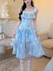 LIZAKOSHT - French Sweet Elegant Holiday Dress Women Chic Y2k Blue Casual Long Dress Japanese Fashion Vintage Kawaii Beach Style Outfits New