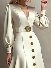 LIZAKOSHT - Women British Style Elegant Evening Midi Dresses Autumn Puff Sleeves Tied Waist V-Neck Pleated A-line Party Dress