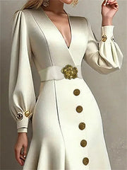 LIZAKOSHT - Women British Style Elegant Evening Midi Dresses Autumn Puff Sleeves Tied Waist V-Neck Pleated A-line Party Dress