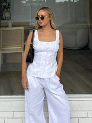 LIZAKOSHT - Summer Female Pajamas Set Square Collar Sleepwear Tank Tops Nightie Sleeveless Nightwear Pants Women Nightgowns Suits