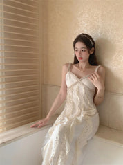 LIZAKOSHT - Summer Pure Color Office Lady Sweet Lace Long Dress Beach Style Y2k Travel Dress Women Elegant One Piece Dress Korean