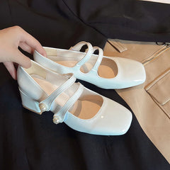 LIZAKOSHT - Nude Patent Leather Mary Janes Shoes Retro Square Toe Chunky Heeled Buckle Strap High Heels Fashion Small Leather Ladies Pumps