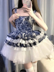 LIZAKOSHT - Lolita Skirt Retro Blooming Printing Heavy Industry Design Sense Waistcoat Straps Tulle Pettiskirt Season Dress