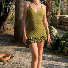 LIZAKOSHT - Fashion Women Green Pleated Knited Mini Dress Sexy Hollow Out Sleeveless Bodycon Dresses Summer Vocation Beach Casual Wear