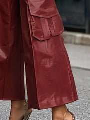 LIZAKOSHT - New Arrivals Women Faux PU Wide Leg Pants Fashion Pockets Solid Color Loose High Waist Casual Trousers Bottoms