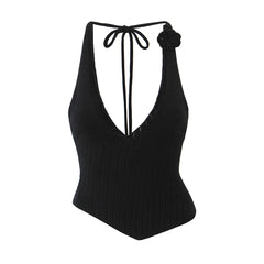 LIZAKOSHT - Women Knit and Rib Knit Viscose-blend Floral Asymmetric Black Alacant Tank Top