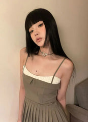 LIZAKOSHT - Pleated Sling Dress Patchwork A-Line Short Skirt Brown The Waist A Line Ballet Strap Dress Super Mini Party Dress Y2K Summer