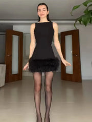 LIZAKOSHT  -  Sleeveless Feather Short Dress Black Women Socialite Party Evening Gown Round Neck Slim Fit Plush Ladies Fashion Slimming Dress