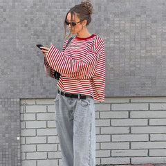 LIZAKOSHT - Women Casual Striped Long Sleeve Cotton Tops Autumn O-neck Patchwork Loose T-shirt High Street Female Vintage Tops New