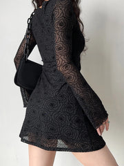 LIZAKOSHT - Black Ruffle High Waist Mini Dress Women's Sexy Slim Long Sleeve Short Skirt Fall Pullover Bodycon Party Dress Women