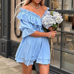 LIZAKOSHT - Casual Pleat White Mini Dress Elegant V-neck Flared Sleeve A-Line Dress Women Fashion Drawstring Design Ruffle Short Dress