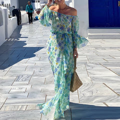 LIZAKOSHT - Elegant Flare Sleeve Female Dress Lady One Shoulder Lace-up Chiffon Vocation Dress Bohemian Elegant Draped Pleat Maxi Dress