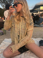 LIZAKOSHT - Women Hollow Out O-neck Knitted Jumpers Casual Loose Cut Out Long Sleeve Pullovers 2024 New Autumn Female High Street Sweaters